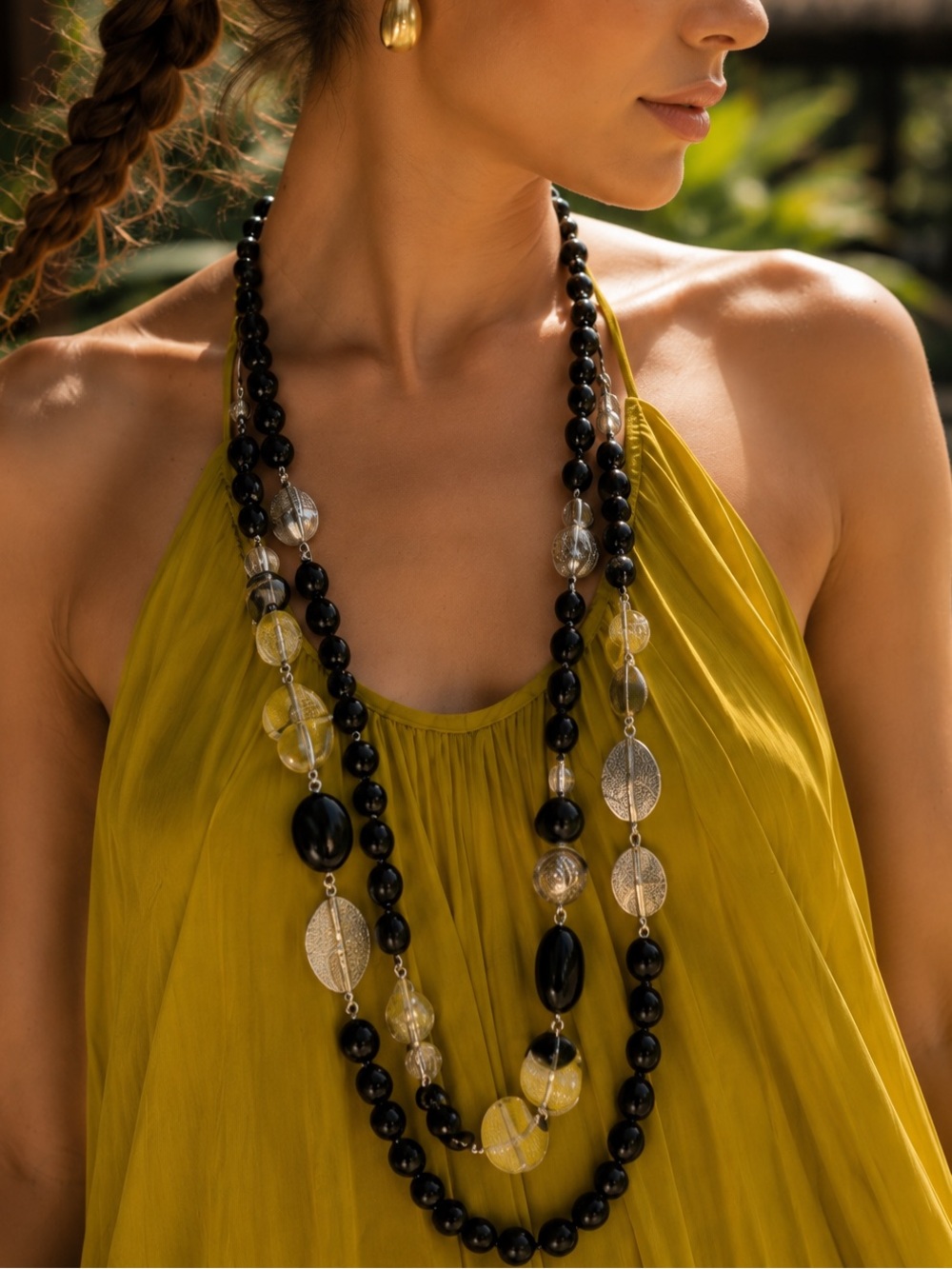 Catherines Layered Beaded Statement Necklace Black Yellow Silver NWT